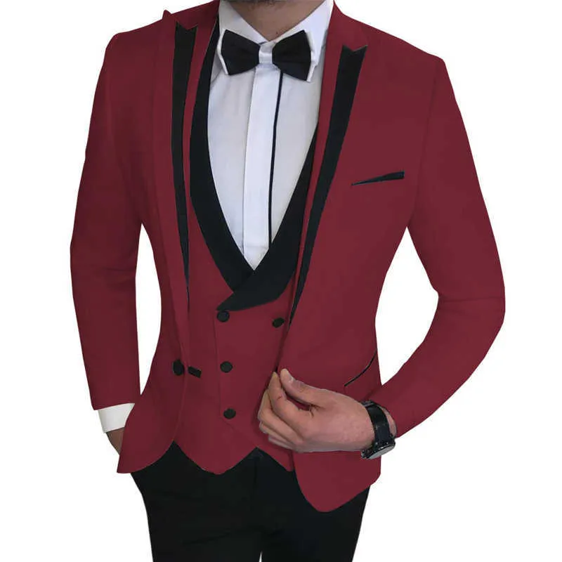 White Slim Fit Men Suits for Groom Double Breasted Waiscoat Male Fashion Jacket with Black Pants Wedding Tuxedo 2021 X0909