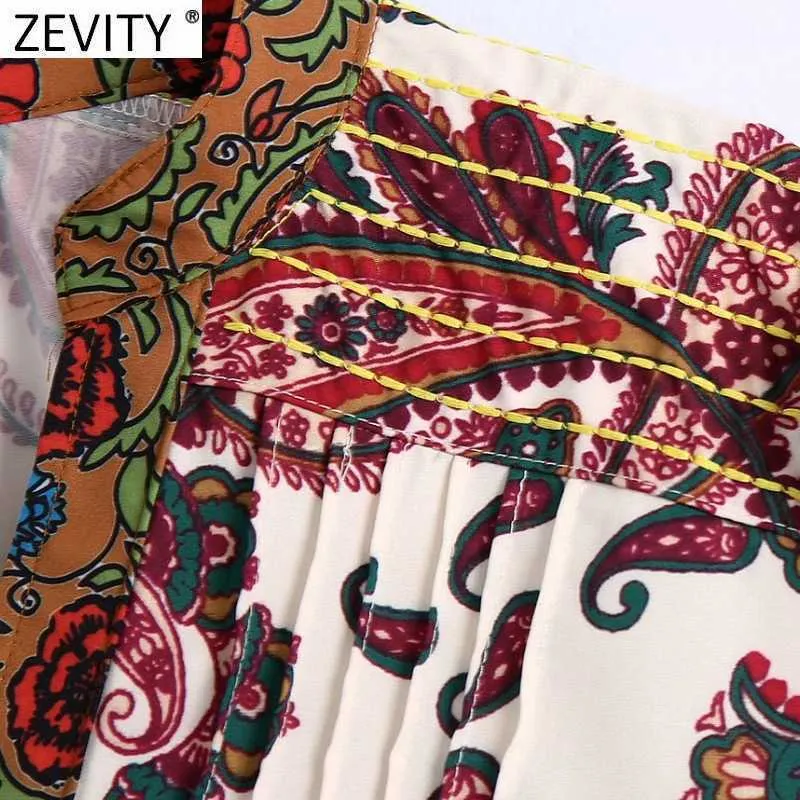 Zevity Kobiety Vintage V Neck Paisley Casual Smock Bluzka Ladies Chic Prasa Totem Kwiatowy Druku Koszulki Femininas Blusas Topy LS9336 210603