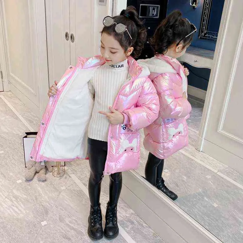 2 4 6 8年間の女の子長い冬ダウンジャケットかわいいベアーコートパーカーファッションの明るいフード付き子供たち防水アウター211203