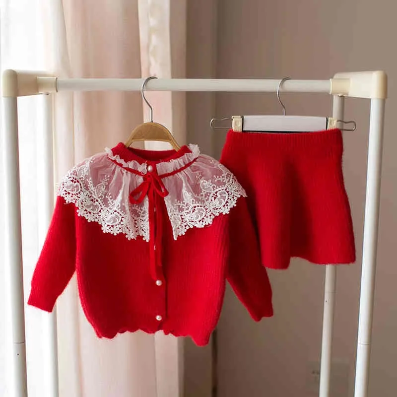 Sweter dla dzieci Jesień Zima Kid Set 'Lace Solid Color Long + Krótka sukienka 2 sztuk Dziewczyny 210515
