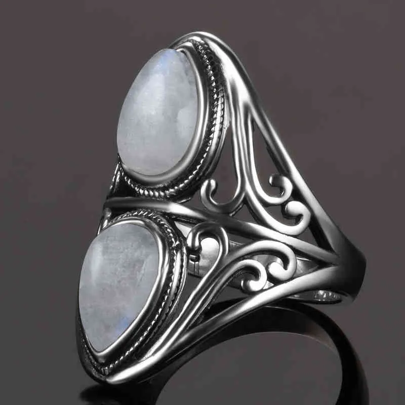 Charms 6x9mm Natural Rainbow Moonstone Ring's 925 Sterling Silver Smycken Ring Vintage Anniversary Party Presenter för kvinnor 211217