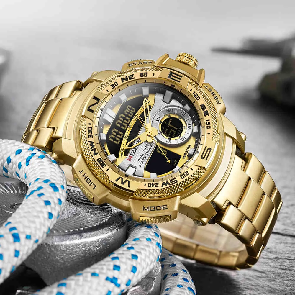 Relogio masculino relógio de ouro dos homens marca luxo ouro militar masculino relógio à prova dwaterproof água aço inoxidável relógio pulso digital 210407276d