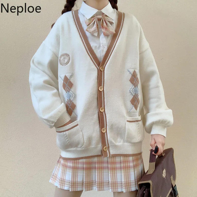 Japansk tröja Kvinnor Preppy Style Stickad Cardigan Oversized Outwear Broderi Sueter Coat Chic Winter Clothes 4F579 210422