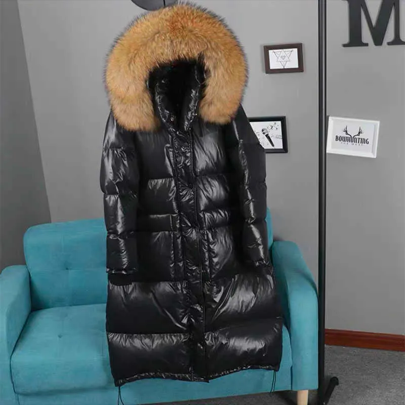 Janveny Long Downジャケットの女性冬の黒い緩い本物のアライグマの毛皮のフード付きファッション防水女性のアヒルのフグのコート211013