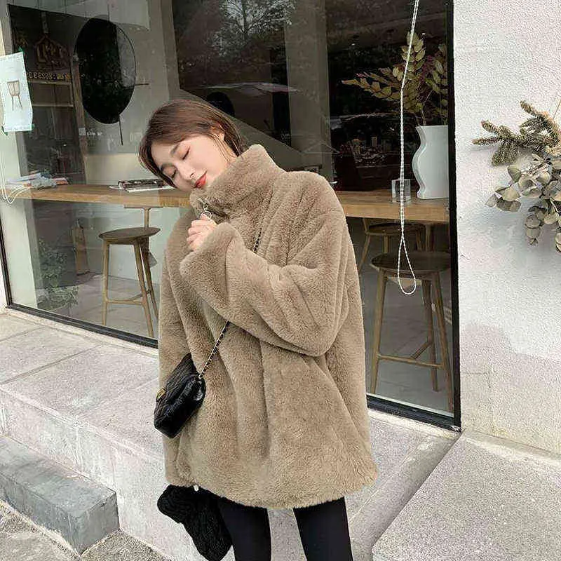 Turtleneck Furry Sweatshirt Women Winter Casual Plush Faux Fur Coat Vintage Thick Korean Zipper Keep Warm Hoodies Tops 211110