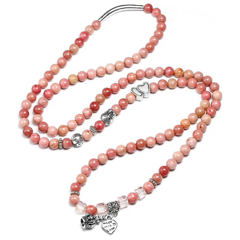 6mm Natural Rhodochrosite Beads Strand Mulheres Lotus Om Buda Charme Pulseira 108 Mala Colar Yoga Jóias