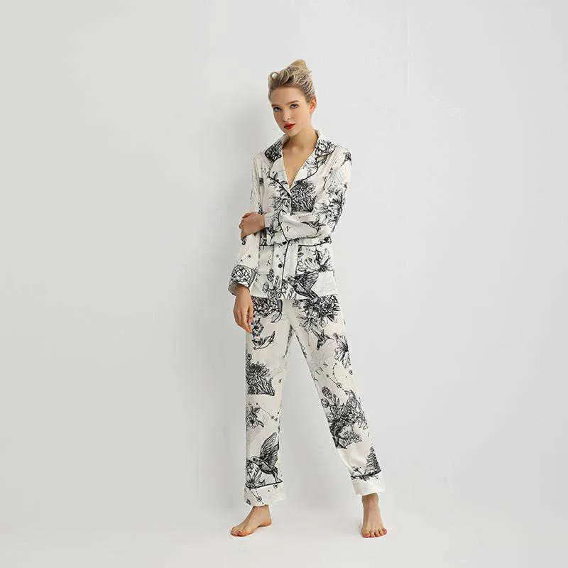 Maison Gabrielle Wiosna Summer Printed Silk Satin Pajamas Zestaw Piżamy Piżamy Loungewear dla kobiet Pajama Femme 2 sztuki Długie 210809