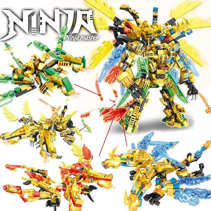 Jouet 4in1 2021 Ninja série Golden Warrior Mech Mecha Robot Dragon Saison 14 Blocs de construction Modèle classique Ensembles Briques Kits pour enfants X0503