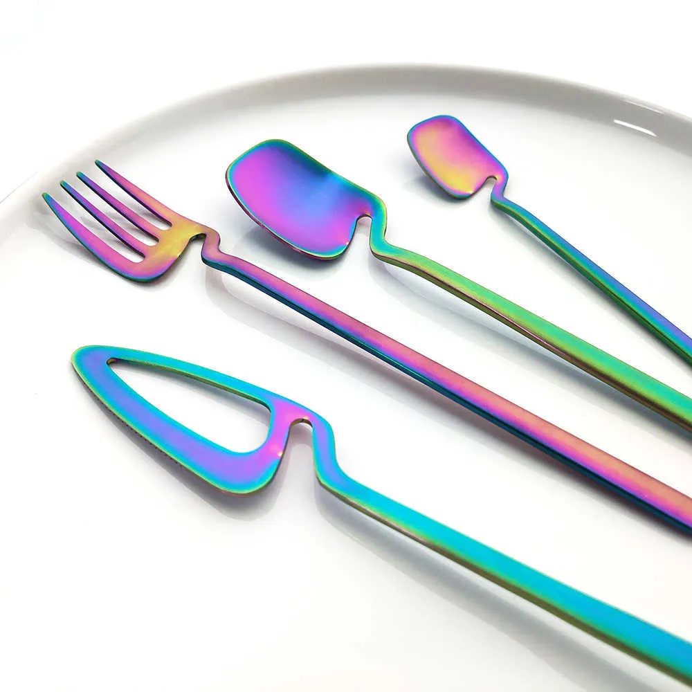 Rainbow Darware Set Sked Gaffel Knivbord Inredning Bestick Satser Kök Matte Guld Porslin Set Desserter Soppa Kaffe Använd 211012