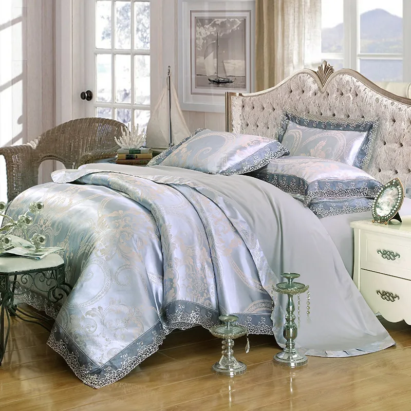 Gold silver coffee jacquard luxury bedding sets queen/king size stain bed set 4/cotton silk lace duvet cover bedsheet home textile