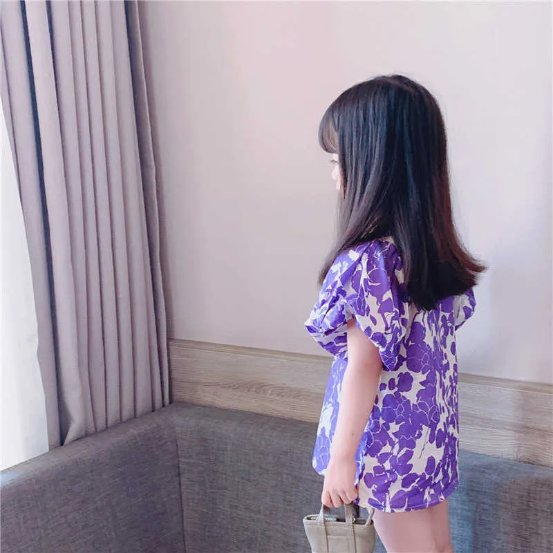 春の夏のかわいい女の子紫の花のパフスリーブミニドレスファッションリトルプリンセスカジュアスカジュアルドレス210615