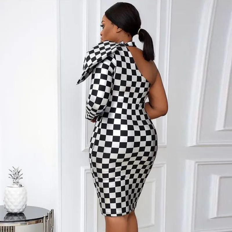 Plaid imprimé robes une épaule moulante crayon élégant bureau dame chic femmes midi robe mince africaine modeste femme robe 210520