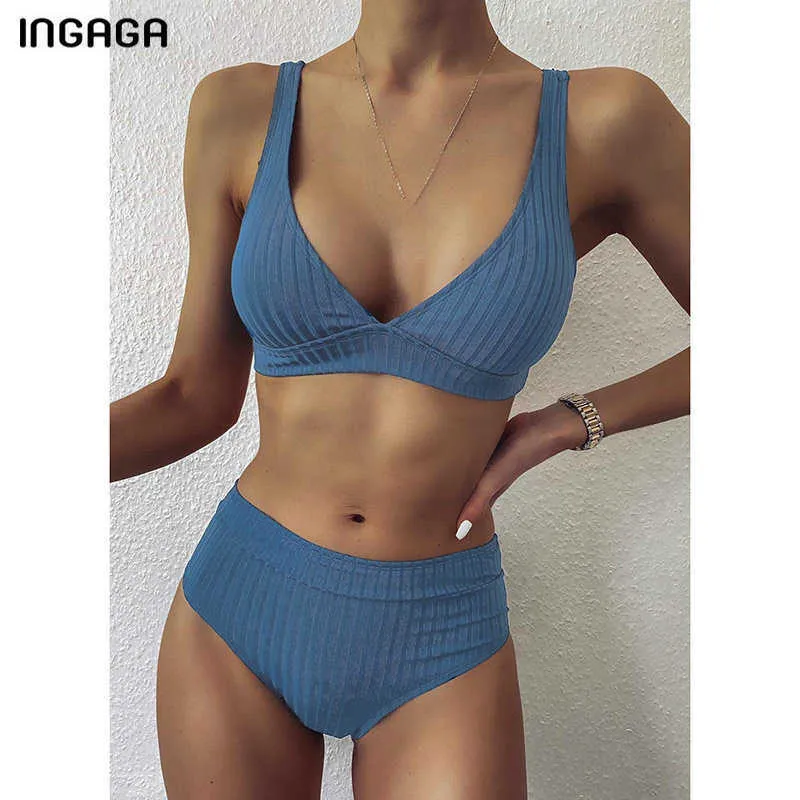 INGAGA Sexy Bikinis taille haute maillots de bain femmes maillots de bain Push Up Biquini côtelé maillots de bain noir col en v Bikini ensemble 210630