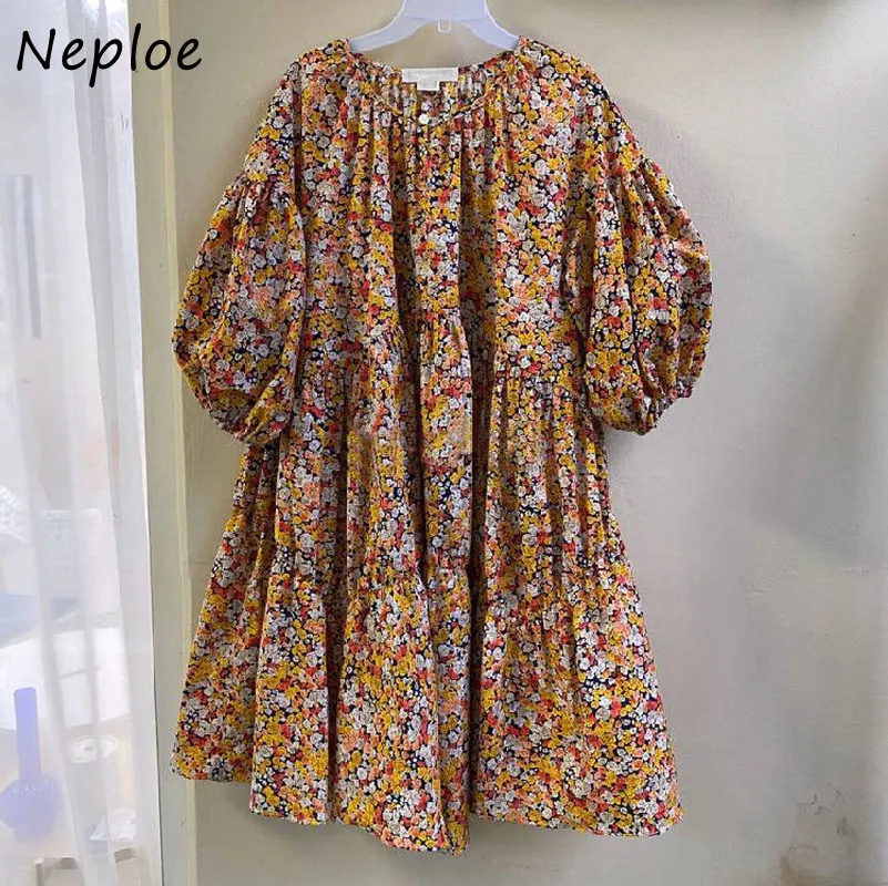 Koreanska tryck vintage klänning kvinnor hög midja höft en linje knä längd vestidos o neck lyktor kort ärm robe lös sommar 210422