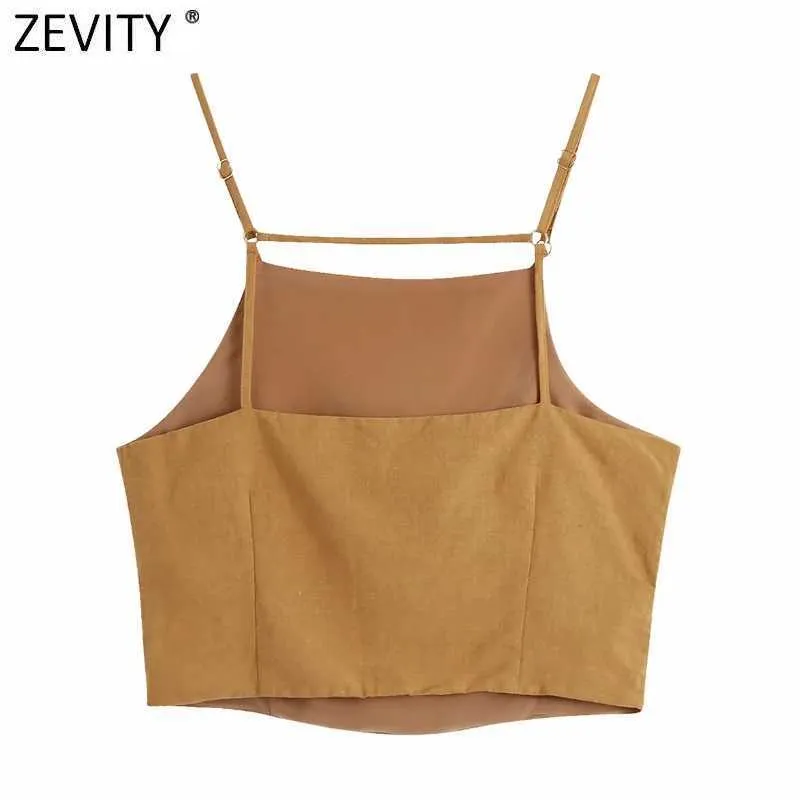 Zevity Women Chic PleatsデザインソリッドスリングキャミスタンクレディースサマースパゲッティストラップショートベストバックレスクロップトップLS9271 210603