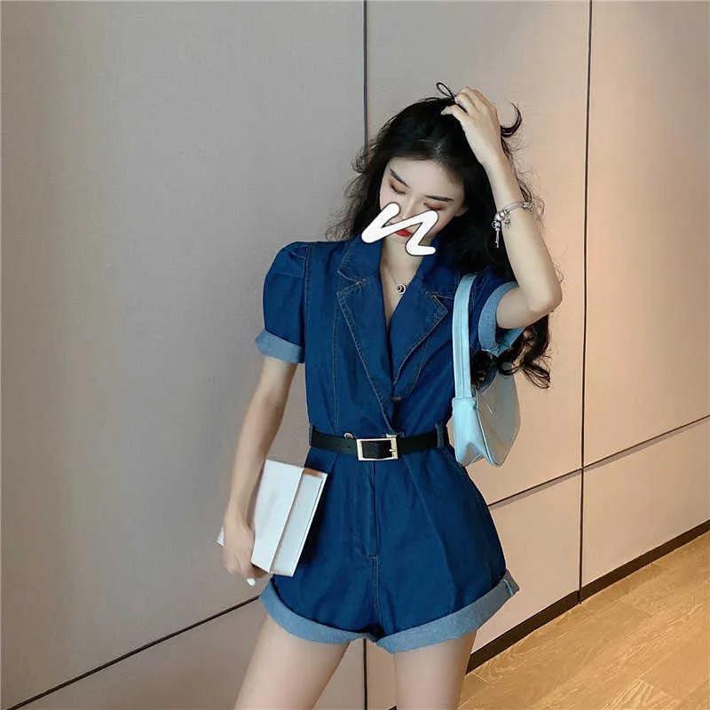 JumpsuitsRompers Zomer Koreaans Chic Hoge Taille Gekleed Korte Mouw Denim RompersPlaitSuits Mode Jeans Wide Been Shorts 210610