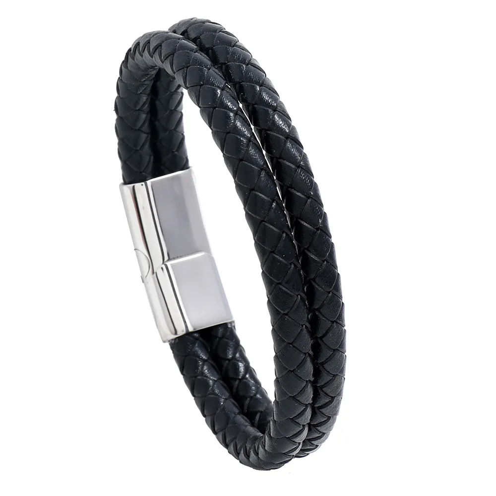 2 pezzi Corda in pelle intrecciata Avvolgimento Stile speciale Classica fibbia multistrato Bracciale in pelle da uomo Regali di Natale da uomo