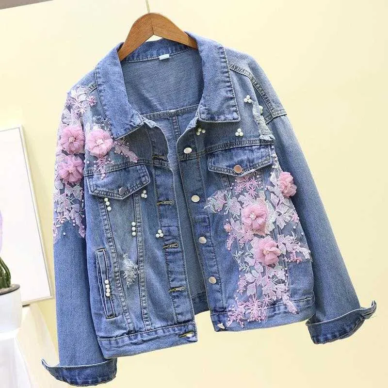 Neploe Spring Autumn Jeans Jacket Korean Embroideried 3D Flowers Hole Cowboy Outerwear Causal Women Demin Coat 4D490 210914