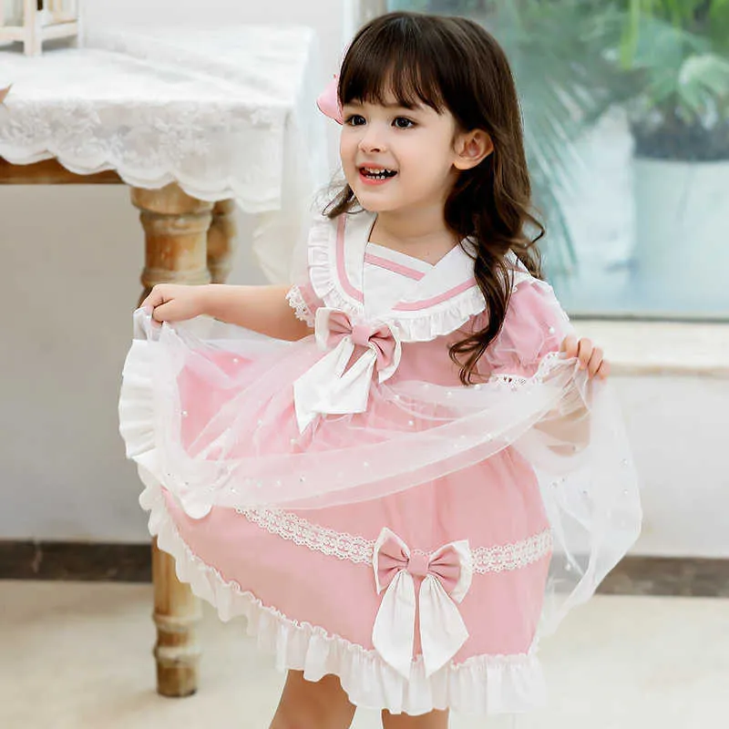 Barn spanska klänningar barn lolita prinsessan kläder för flicka spädbarn födelsedagsfest båge spets klänning baby tjejer boutique frocks 210615