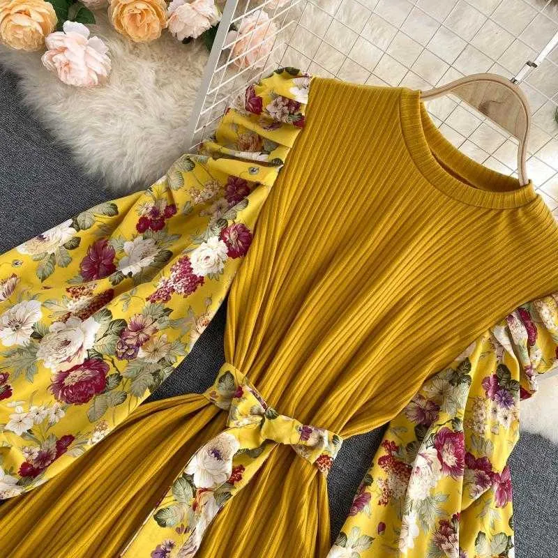 Primavera otoño vestido midi mujeres vintage floral impreso puff manga larga patchwork suéter vestidos damas elegantes vestidos de punto 210525
