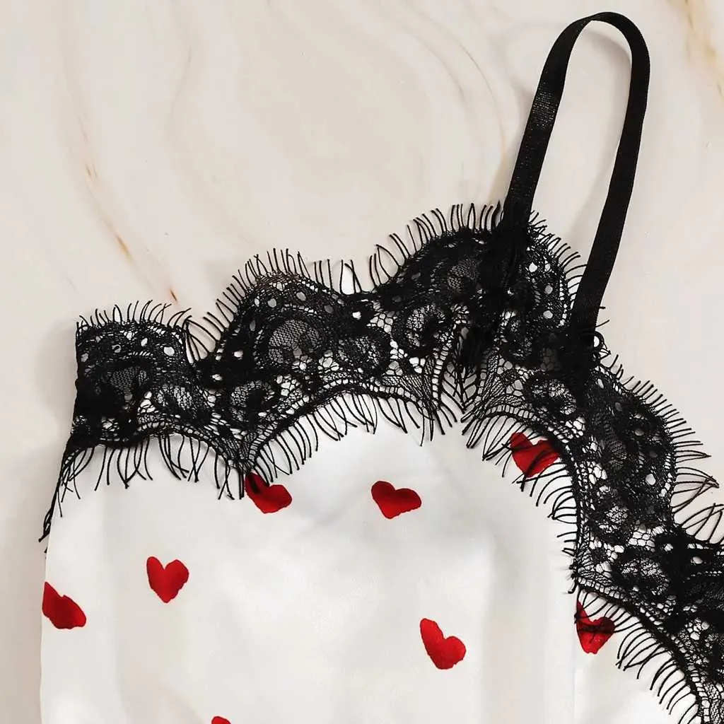 Sexy Lingerie Pajama Sets For Women Home Clothes Nightie V-neck Heart Print Lace Satin Camisole Bowknot Shorts Set #YJ Q0706