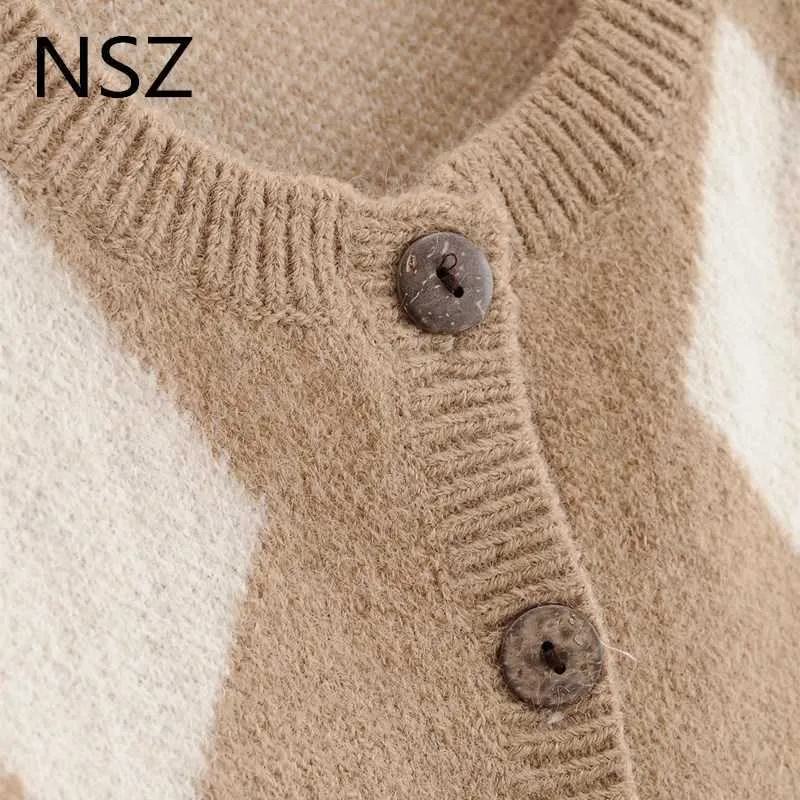 NSZ Women Argyle Style Sweater Vest Fall Fashion Crop Top Mouwloze Rhombus gebreide Cardigan Jumper Tank Waistcoat 210909