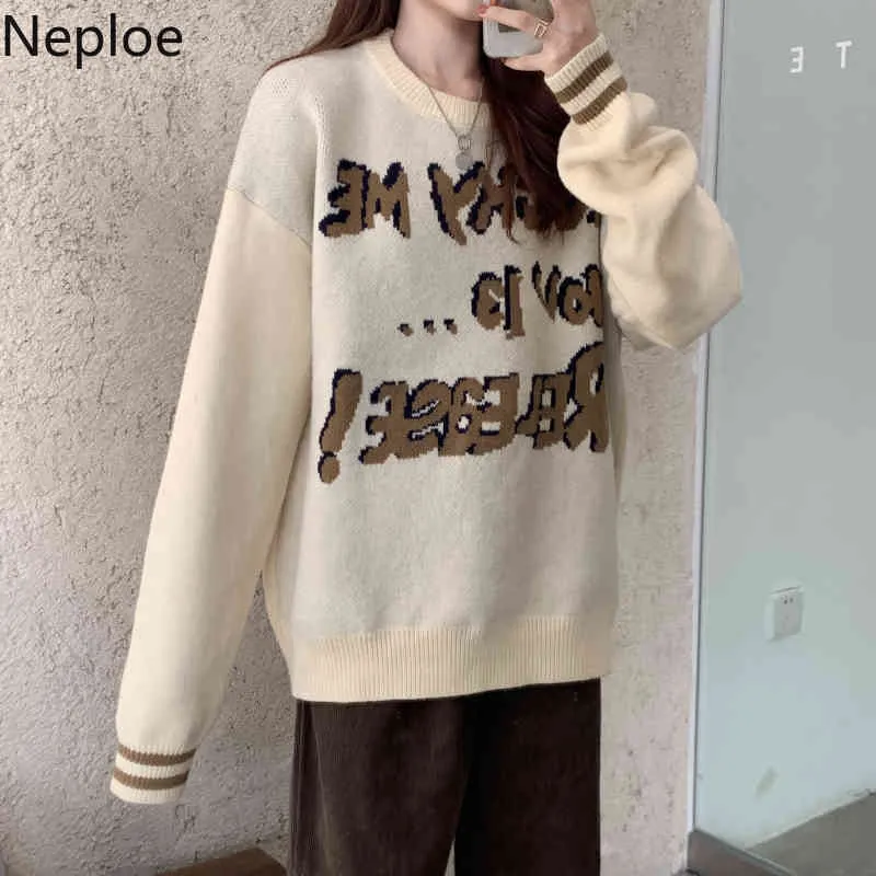 Neploe Lettre Crochet Floral Tricots Pulls Surdimensionnés Outwear Chandails En Tricot Femmes Automne Femmes BF Streetwear Jumper Manteau 210422