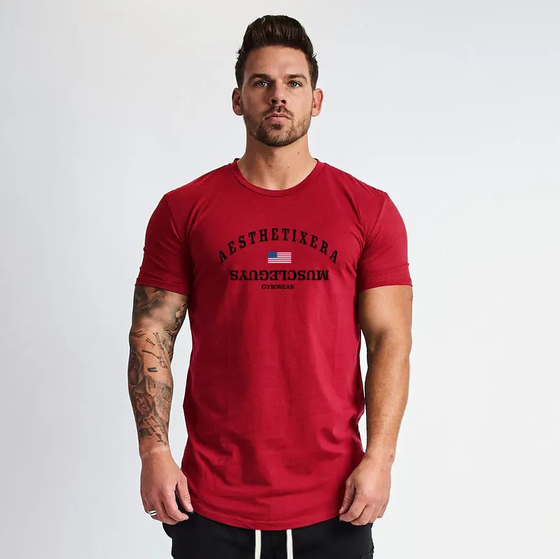 Muscleguys夏のブランドの服の筋肉タイトTシャツメンズフィットネスTシャツHomme Gyms Tシャツの男性ボディービルのティーシャツ210421
