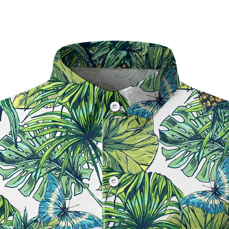 Men Tropical Hawaiian Shirt Lotus Leaf Butterfly Pineapple Printed Mens Summer Short Sleeve Shirts Casual Holiday Men Clothing 210524