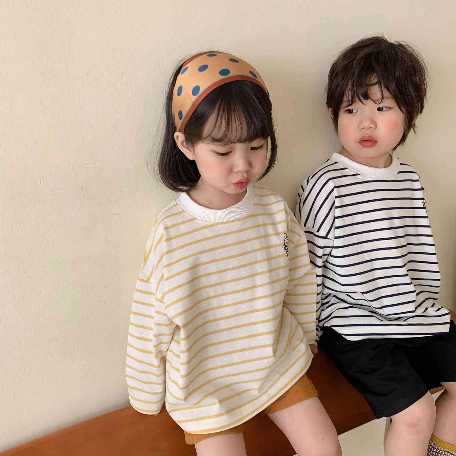 Cartoon printing loose striped sweatshirts kids cotton wide long sleeve T shirts children all-match pullovers 210508