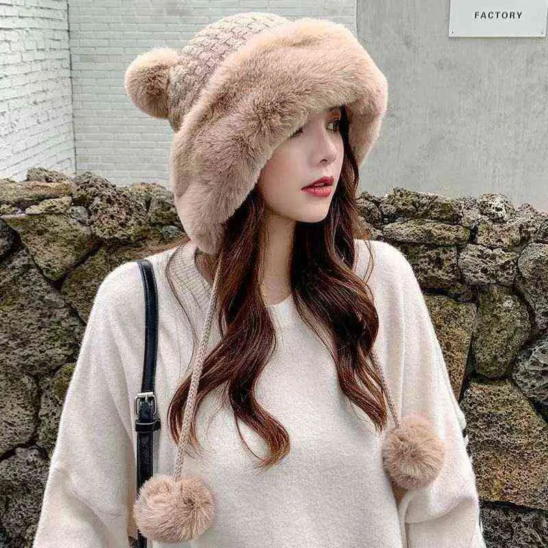 Bola de lana de color caqui Russsian Snow Winter Fluffy Plush Sombrero de piel gruesa Faux Fox Furry Cap Head Warmer Outdoor Headgear Mujeres Chica Hombres Y21111