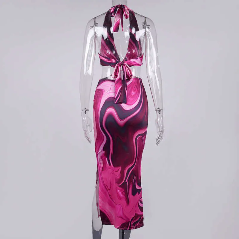 Newasia Tie Dye夏のドレス女性レースアップ中空アウトバックレススプリットホルターロングドレスシックなセクシーなビーチホリデーパーティパーティパーティションローブX0705