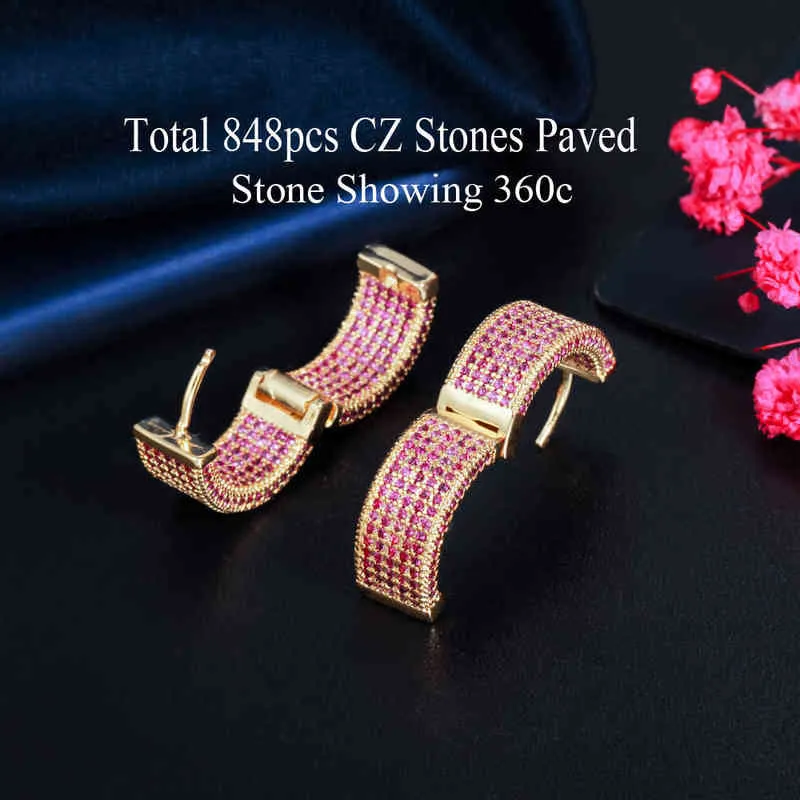 CWWZircons Full Blue Pink Red Cubic Zirconia Pave Luxury Gold Color Circle Pendientes redondos de aro para mujer Moda CZ905 220108