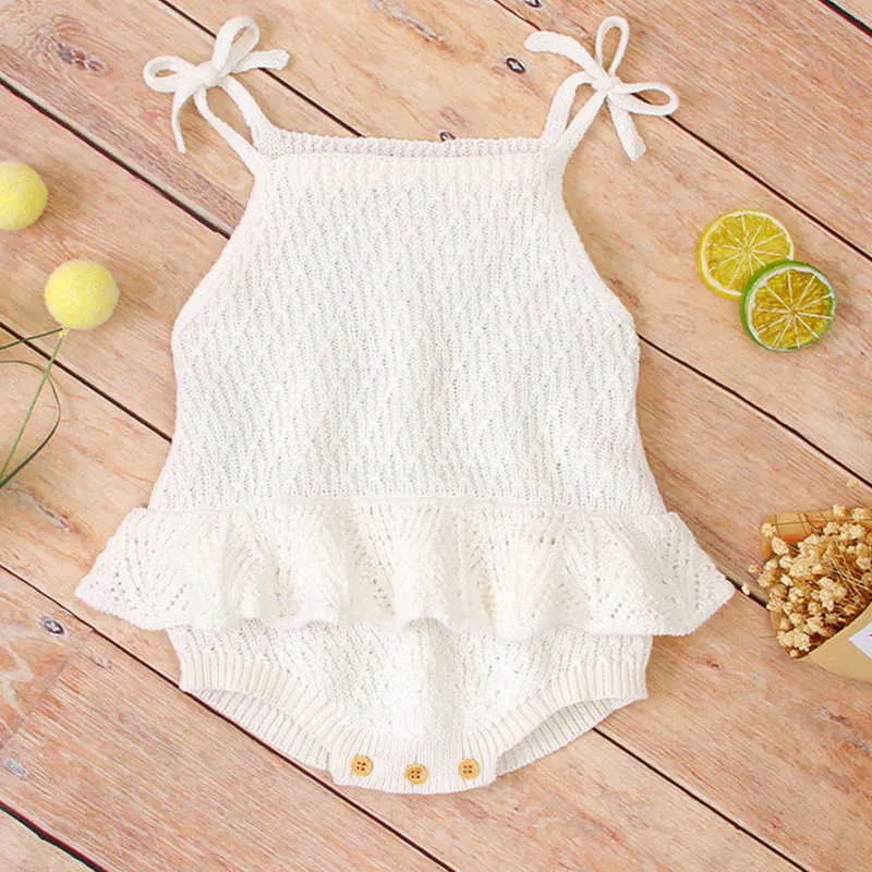 Spring Baby Girls Bodysuit Sling Sweater Soild Colour Ruffles born Clothes Kids Romper E706 210610