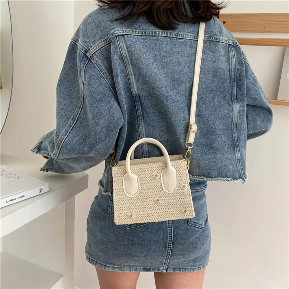 Fashion Straw Woven Shoulder Messenger Bags For Women Casual Daisy Embroidery Ladies Top-handle Handbags Small Crossbody Bags