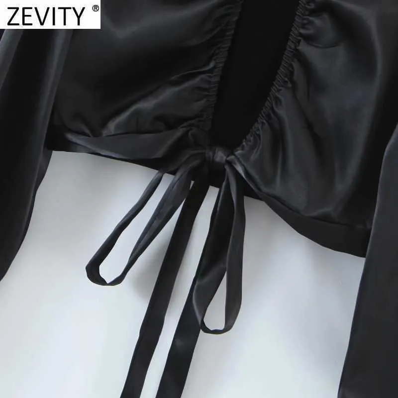 Zevity Donne Fashion O Neck Solid Black Breve Smock Blusa Femme Sexy Backless Kimono Shirt Chic Lace Up Blusas Tops LS7669 210603