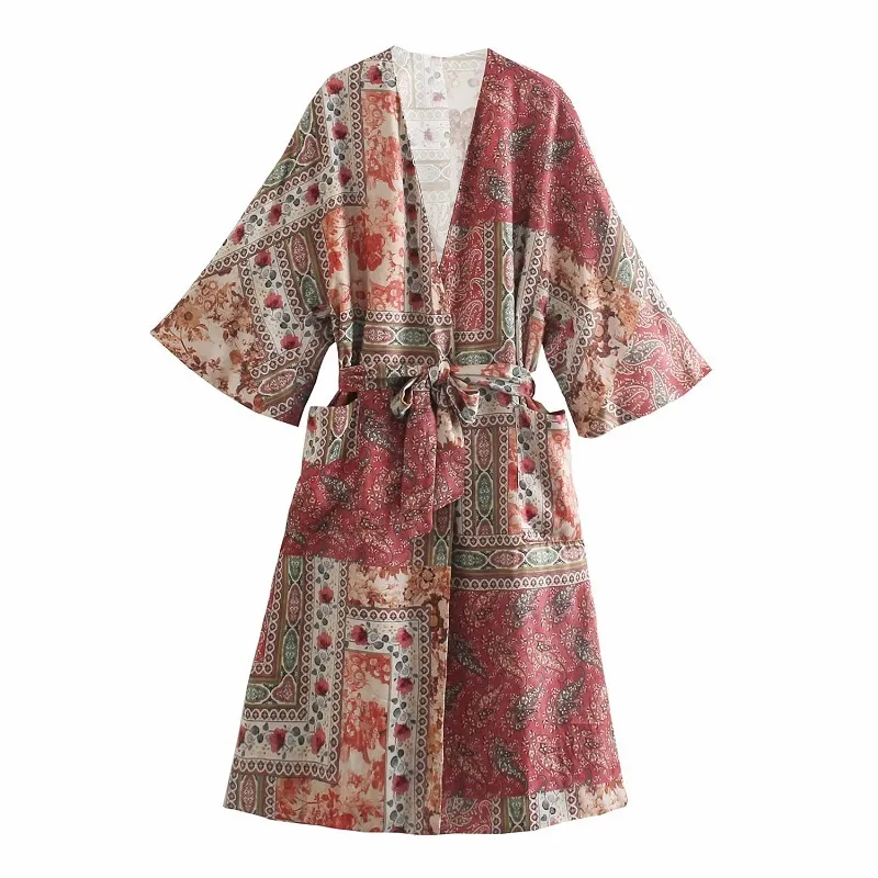 Vuwwyv Chic Floral Print Afrikansk klänning Kvinnor Sommar Casual Kimono Kvinna Wide Sleeve Fram Bälte Vestidos Fickor 210430