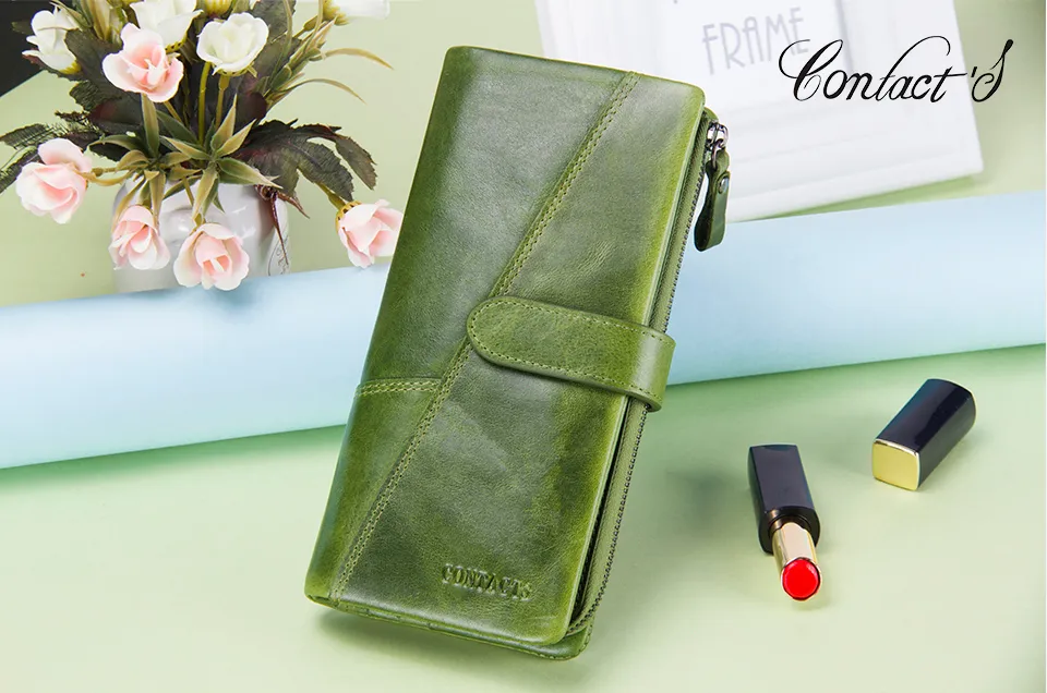 Cartera de cuero genuino monedero de moda de contacto para damas mujeres embrague largo con bolsas de teléfono celular tarjetero