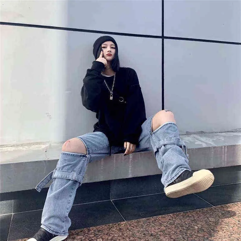 Ropa de calle gótica Cremallera removible Jeans casuales Baggy Vintage cintura alta Denim Harajuku Hip Hop Estilo coreano Pierna ancha suelta 211129