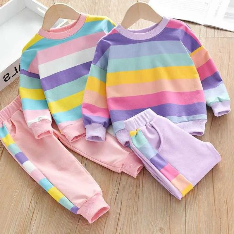 Enfants Vêtements Printemps Automne Filles Mode rainbowT-shirt + Pantalon Outfit Enfants Vêtements Sport Suitr Filles Ensembles 2-8Y 211021