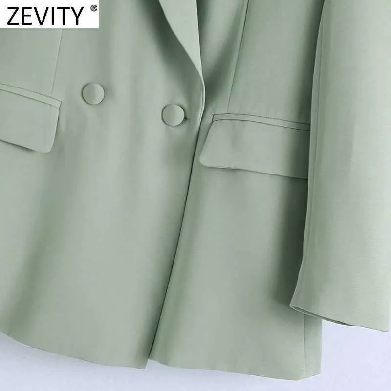 Zevity Womenファッションノッチ襟グリーンフィッティングブレザーコートオフィスレディース長袖ポケット女性のアウターシックトップスCT680 210603