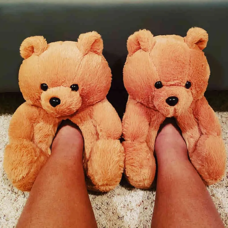 Winter Warm House kawaii Shoes Women Teddy Bear Slippers Anti-slip Soft Home Indoor Fur Slipper Ladies Cute Cartoon Funny Shoes Y0406