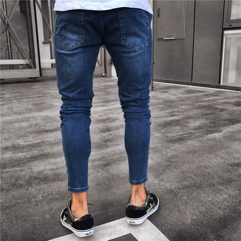 Streetwear Men Höst Ripped Poulded Patch Skinny Jeans Man Förstört Hip Hop Stretch Hold Jogger Denim Pants X0621