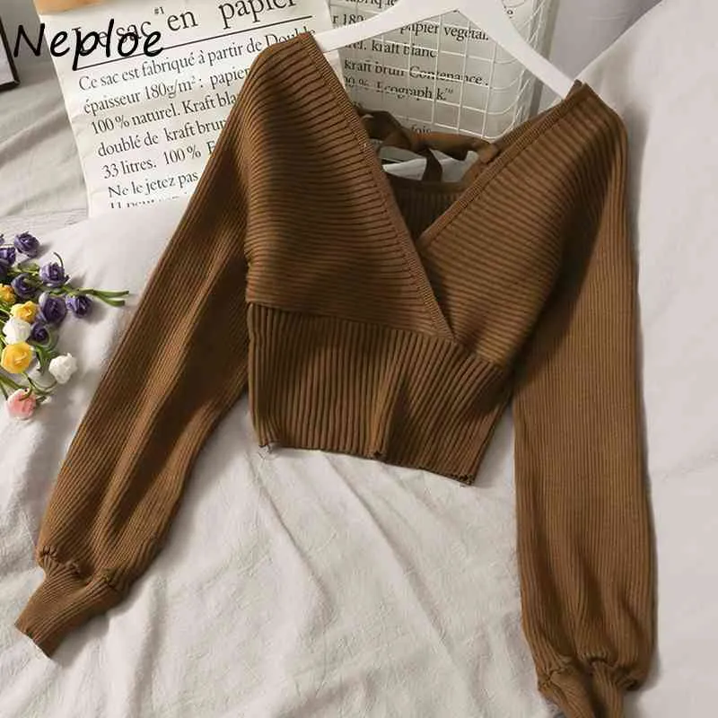 Neploe scollo a V Cross Bow Design Sexy Open Back Maglione Pullover Manica lunga Slim Fit Knit Pull Femme Spring Outwear Solid Sueter 210423