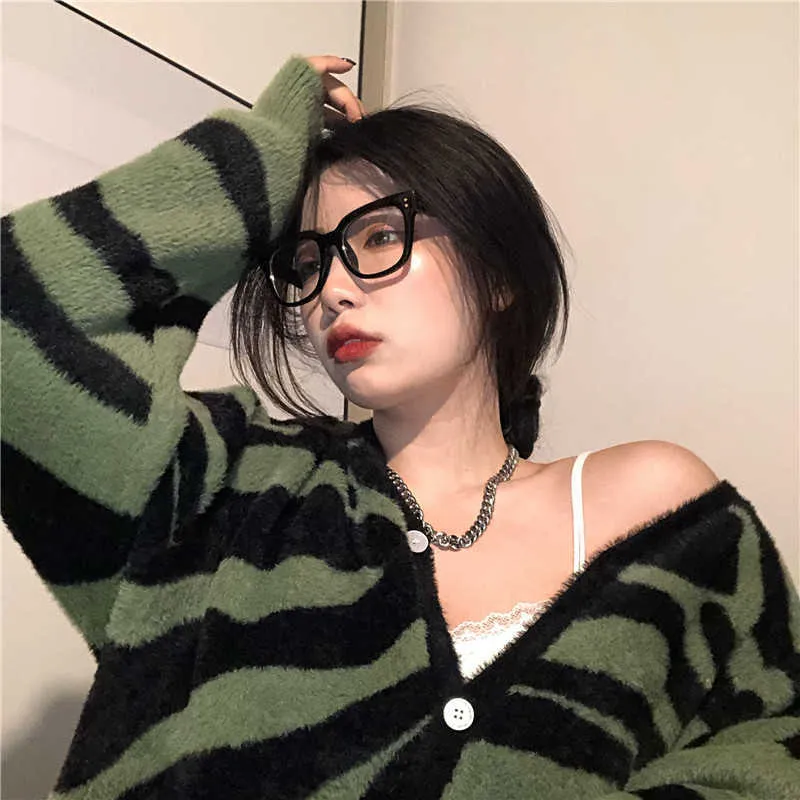 Suéteres de primavera y otoño para mujer, suéter coreano con estampado de cebra de moda para niña perezosa Retro de Navidad verde oscuro, cárdigans de punto 210805