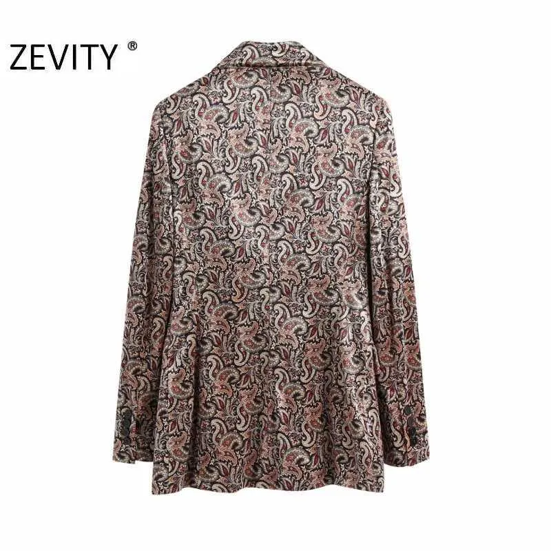 Zevity Mujeres Vintage Totem Flower Print Chic Business Blazer Oficina Damas Doble Botonadura Casual Outwear Terciopelo Traje Tops CT599 210603