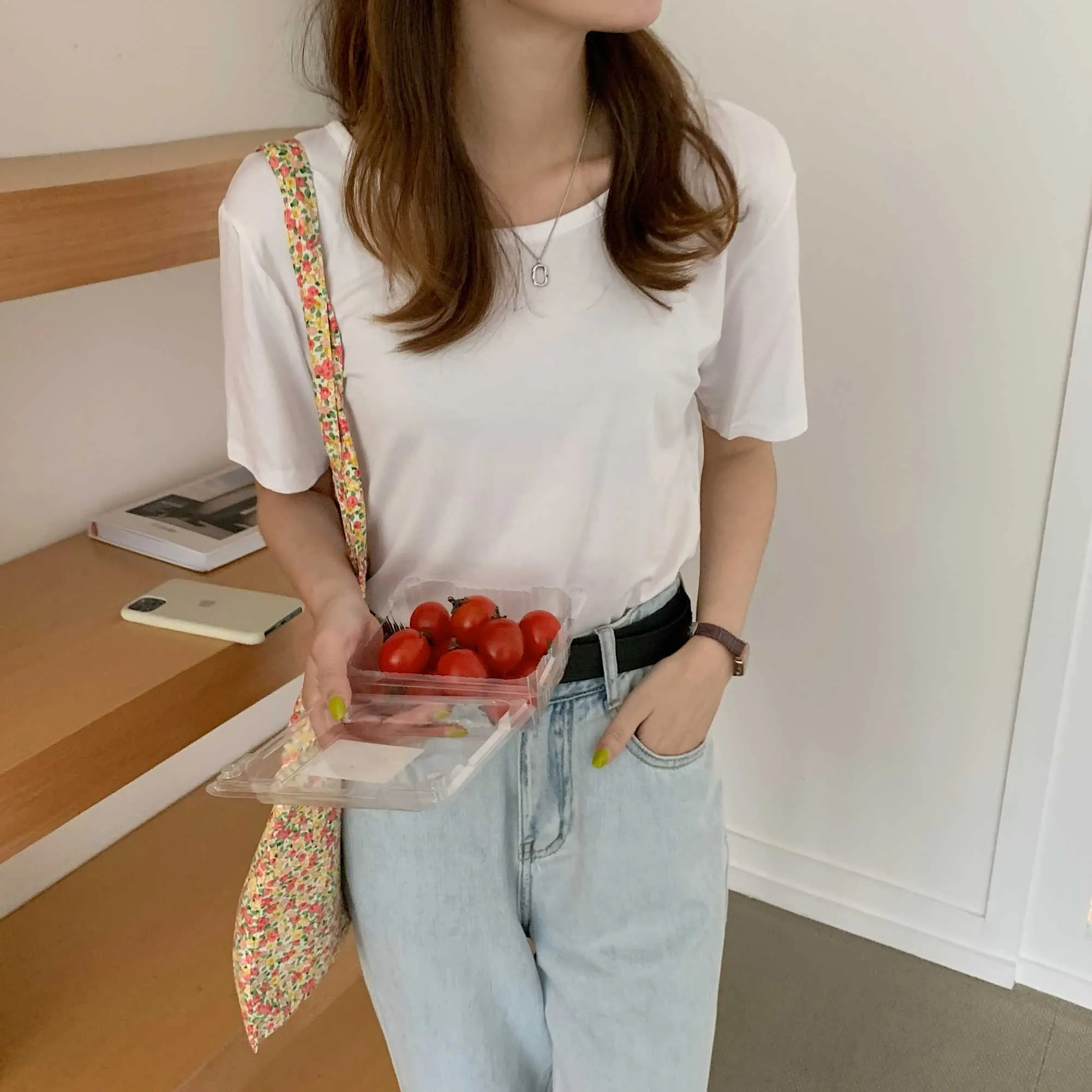 Backless Cotton Chic Loose Brief Solid Tops Summer Casual Tee Delikatne z krótkim rękawem Basewo Moda T-shirty 210525