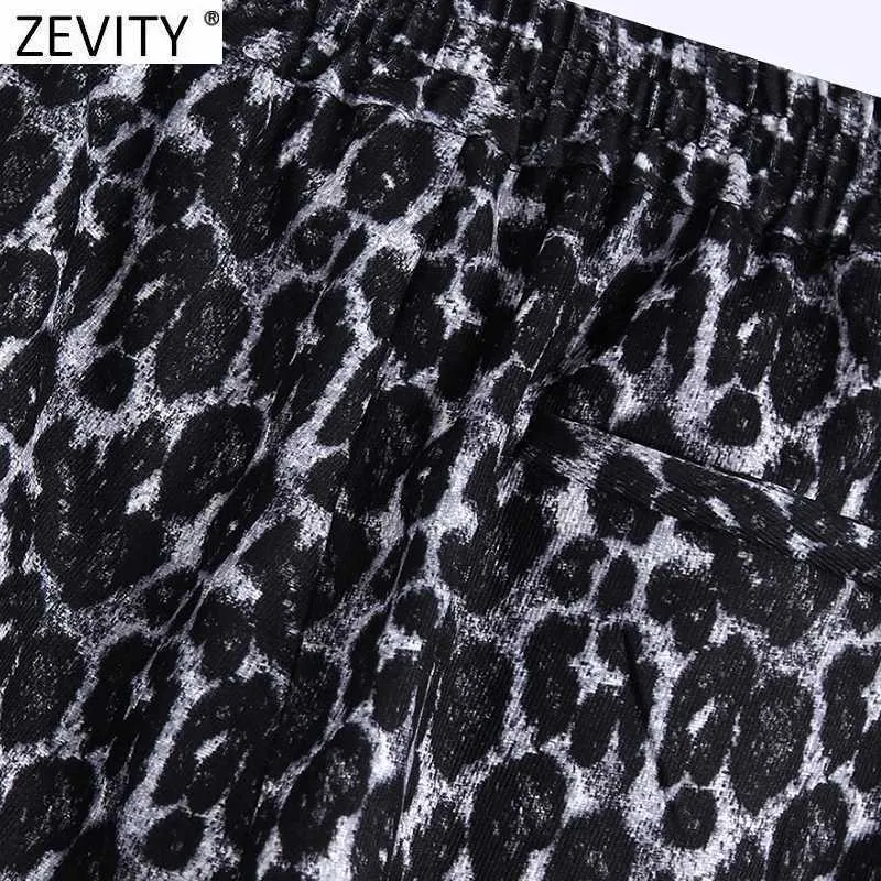 Zevity Femmes Vintage Imprimé Léopard Sarouel Rétro Femme Motif Animal Noeud Élastique Taille Poche Chic Long Pantalon P967 210603