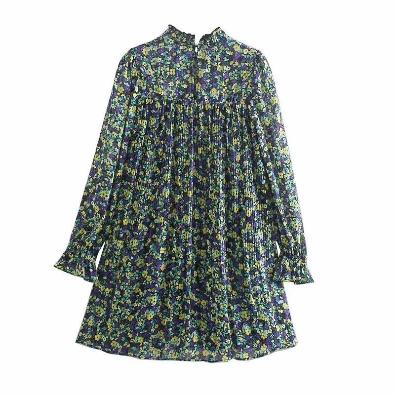 Dress Green Floral Print Short es Women Casual Cottagecore High Neck Ruched Long Sleeve Mini Woman 210519