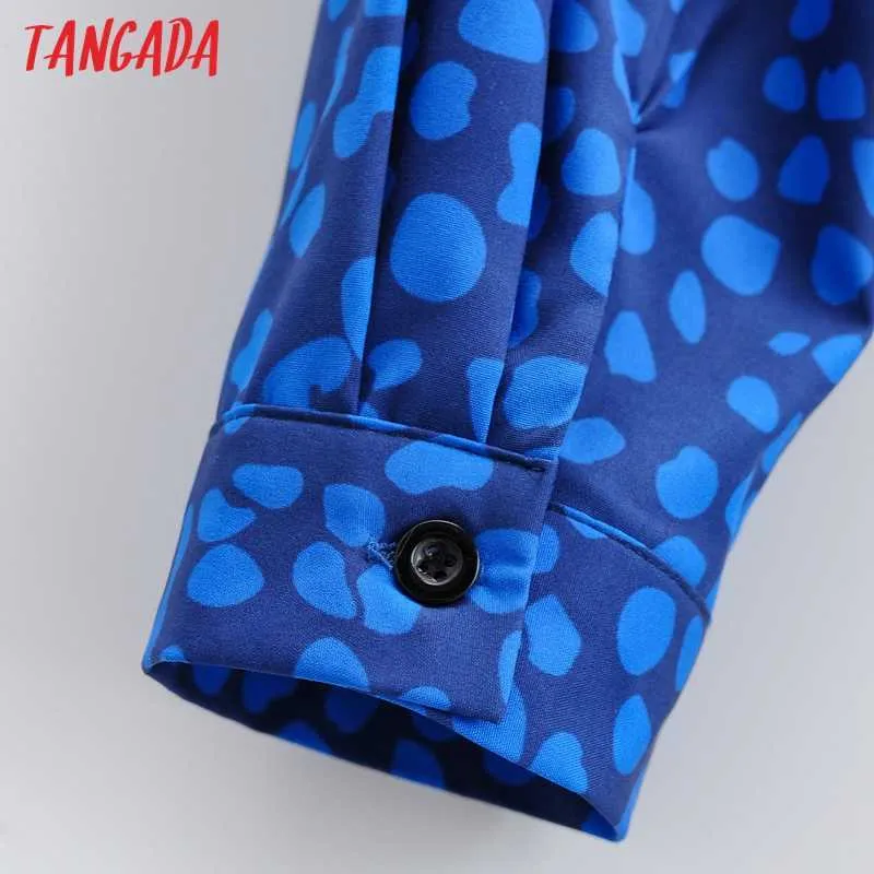 Tangada Moda Donna Blu Leopard Print Abito camicia Primavera Arrivo Manica lunga Signore Abito longuette Abiti 1F27 210609